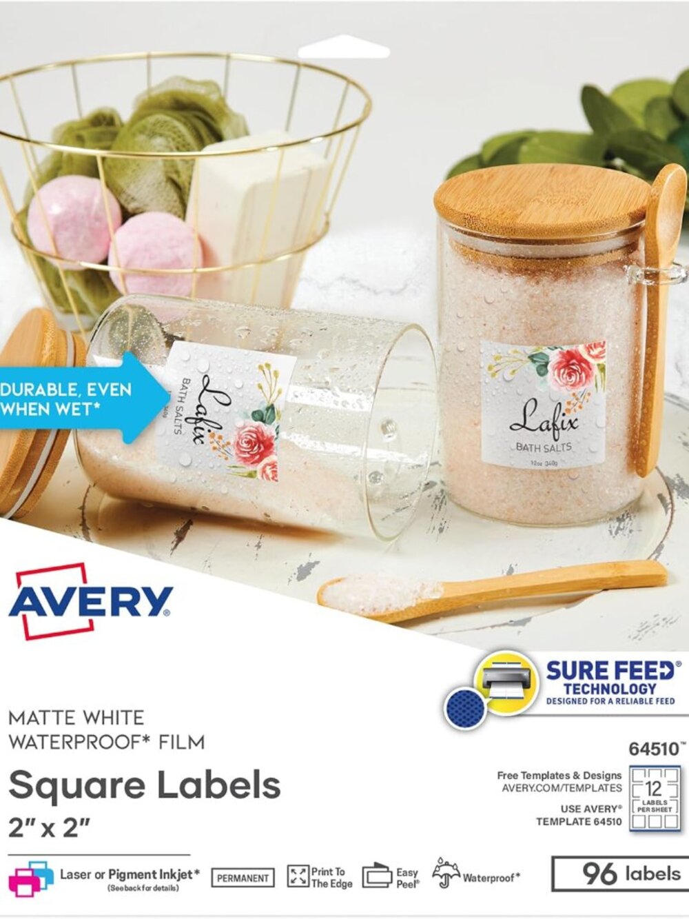 Durable Waterproof Square Labels, Sure Feed Technology, 2" x 2", White, Laser &